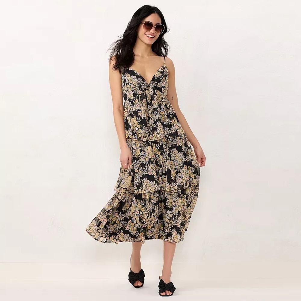 LC Lauren Conrad Tiered Front Knot Spaghetti Strap Midi Dress